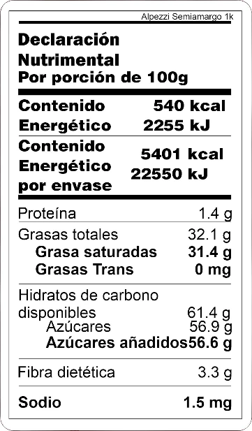 Tabla nutrimental Alpezi semiamargo 1kg WP Tabla nutrimental chocolate alpezzi semiamargo